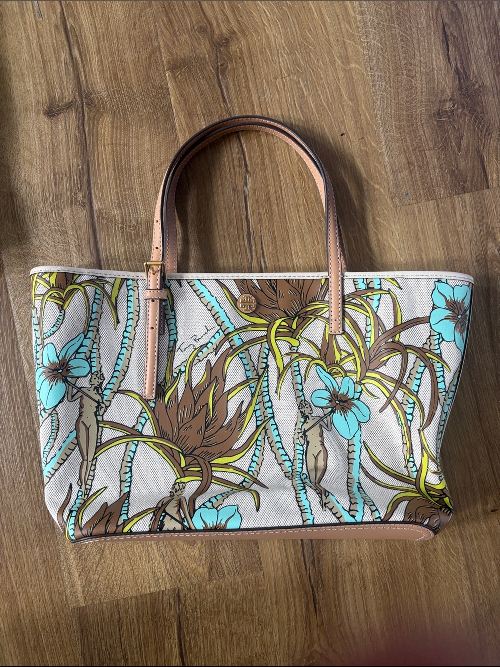 Tory Burch Floral Canvas Tote in Turquoise, Tan & Brown
